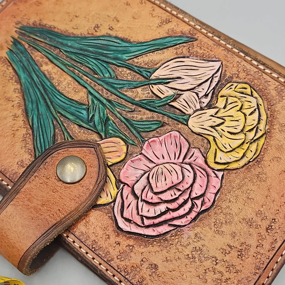 Hand Tooled & Painted Journel Cover Heavy Duty Leather Roses Flowers